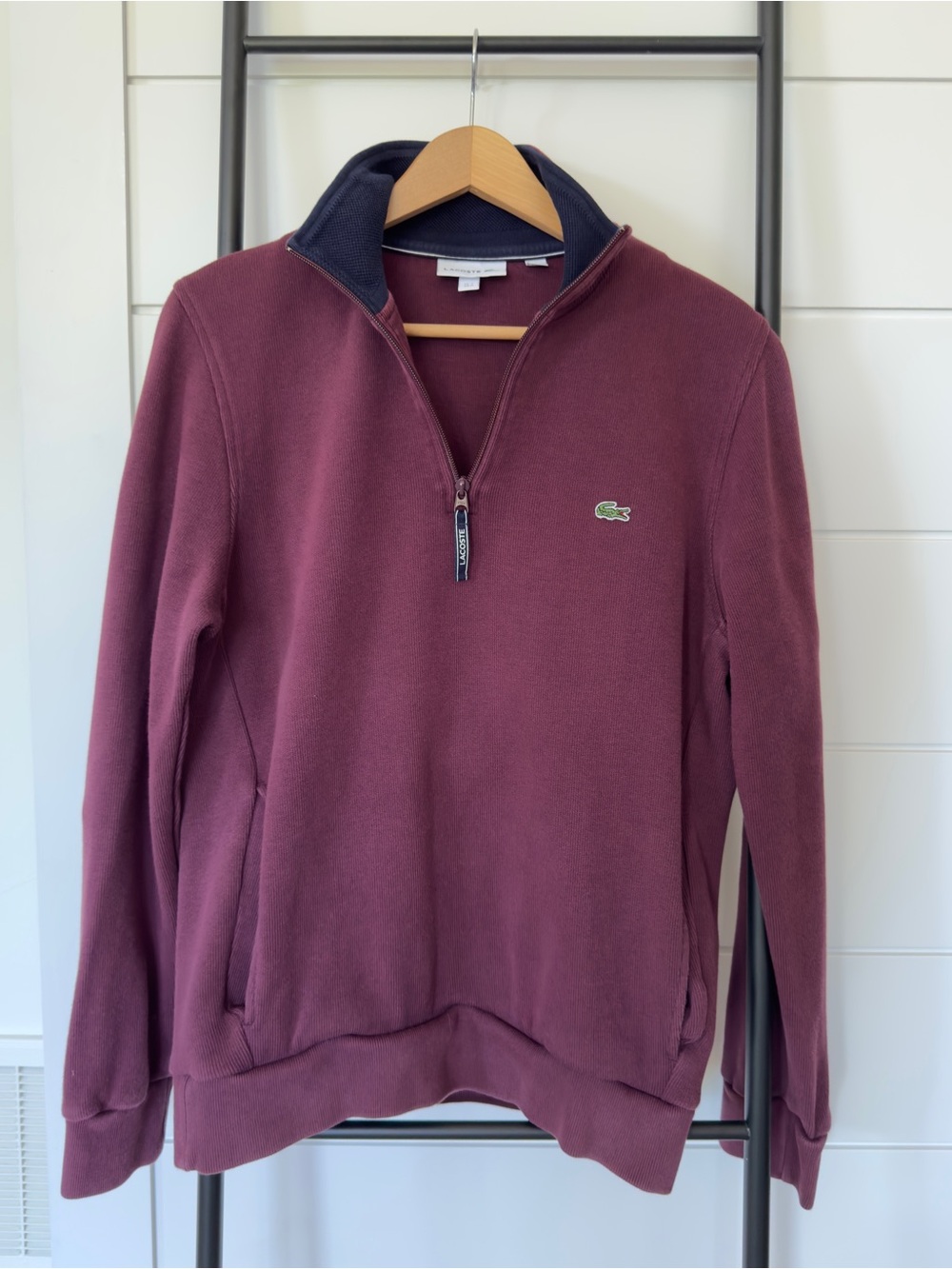 Lacoste Men’s Wine Zip-Up Pullover with Contrast Collar